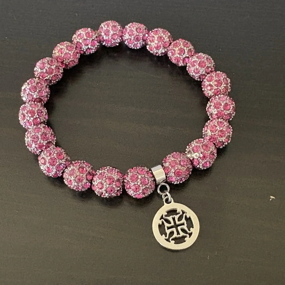 Rustic Cuff Pink Emerson Stretch‎ Bracelet Sparkly Beads Silvertone Logo Charm